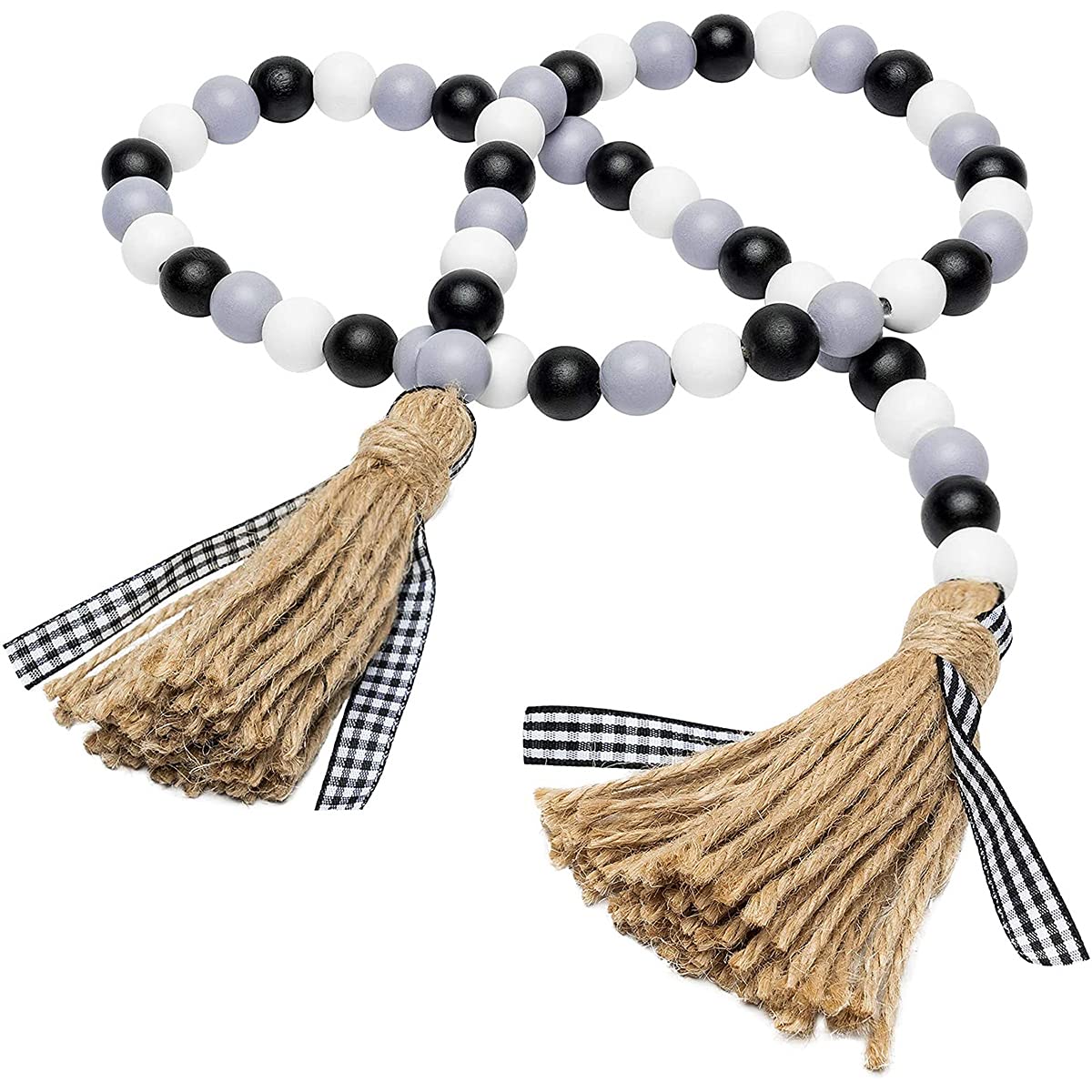 Tiardey Black and White Wooden bead pendant 58'' Natural Country Tassel Tiered Tray Decoration Rustic Beads with Jute Rope for Farmhouse Party Home Room Decor