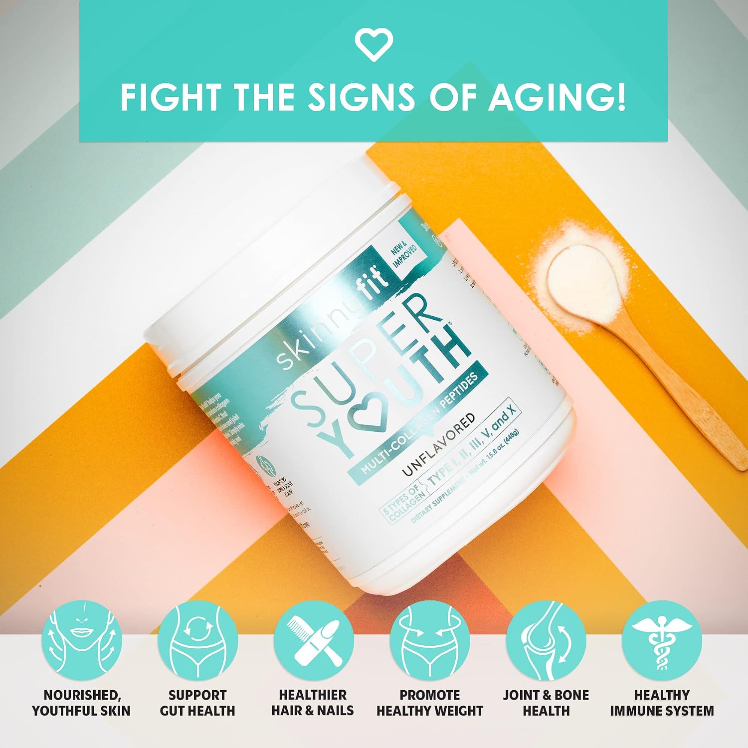 SkinnyFit Super Youth Multi-Collagen Peptides Plus Apple Cider Vinegar, Hyaluronic Acid, & Vitamin C, Unflavored, Hair, Skin, Nail & Joint Support, Immunity, Healthy Metabolism