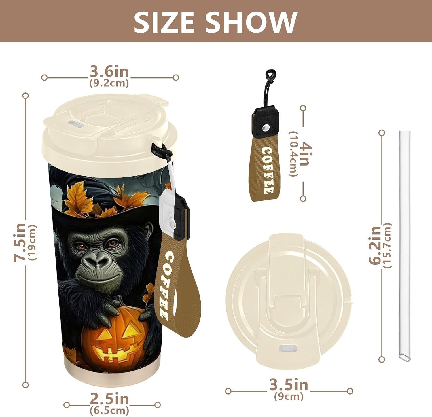 Gorilla Halloween Fall Insulated Coffee Mug with Straw & Flip Lid, 16.9oz Iced Tumbler Cup, Double Wall Vacuum Mug for Travel Office