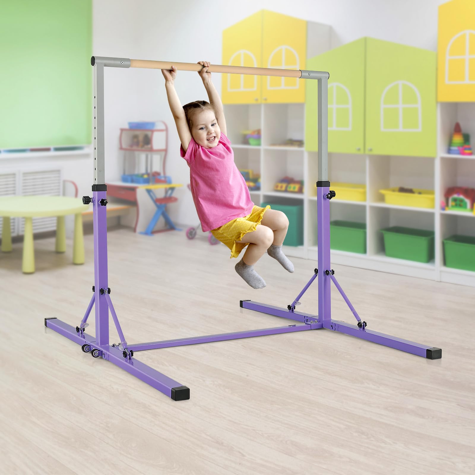COSTWAY Barra de Gimnasia Plegable para Niños, Barra Horizontal Gimnasia, Alturas Ajustables de 13 Posiciones, Carga 100kg, Casa, Gimnasio