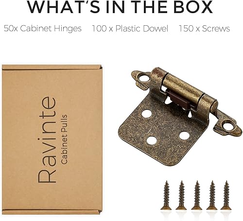 Vista 94 de Ravinte Paquete de 50 (25 pares) de bisagras superpuestas de 1/2 pulgada (variables), montaje frontal semicimoterminente de cierre automático