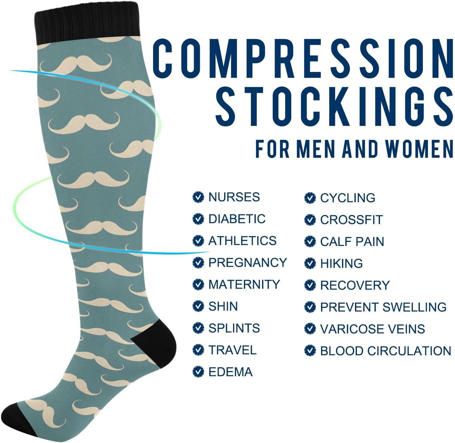 Mustache Funny Retro Compression Socks for Women Men Circulation Long Knee High Socks for Athletic Sports Running - Image 4