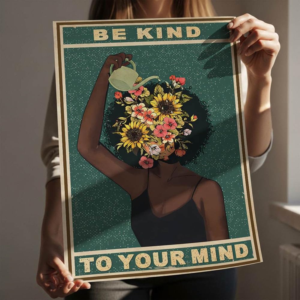 Be kind to your mind Poster, Achtsamkeit mentale Gesundheit Leinwand Bild, Retro Boho Wandbild in grün mit Blumen, Wohnzimmer Schlafzimmer Flur Wanddeko, positive Gedanken Selbstliebe Kunstdruck