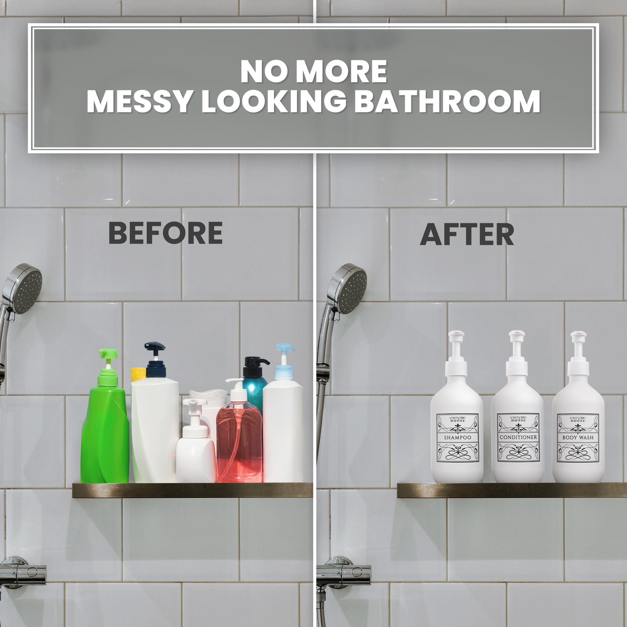 Lovesome House Refillable Shampoo and Conditioner Bottles - Stylish Shampoo and Conditioner Dispenser Bottles Set of 3-16 oz Empty Shower Soap Dispenser - Latest Bathroom Organization Solution