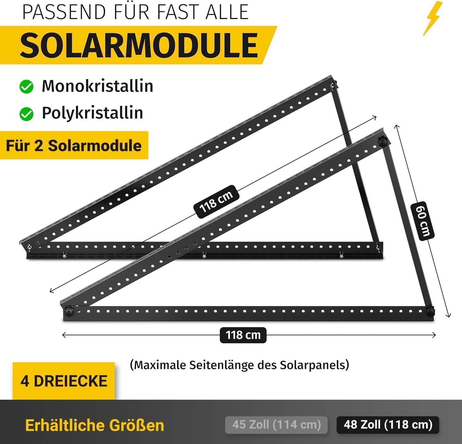 Avoltik Balkonkraftwerk Halterung 2er Set bis 118cm I Solarpanel Halterung für 2 Module I Verstellbar 0-90° I Ideal für Dach, Balkon & Boden