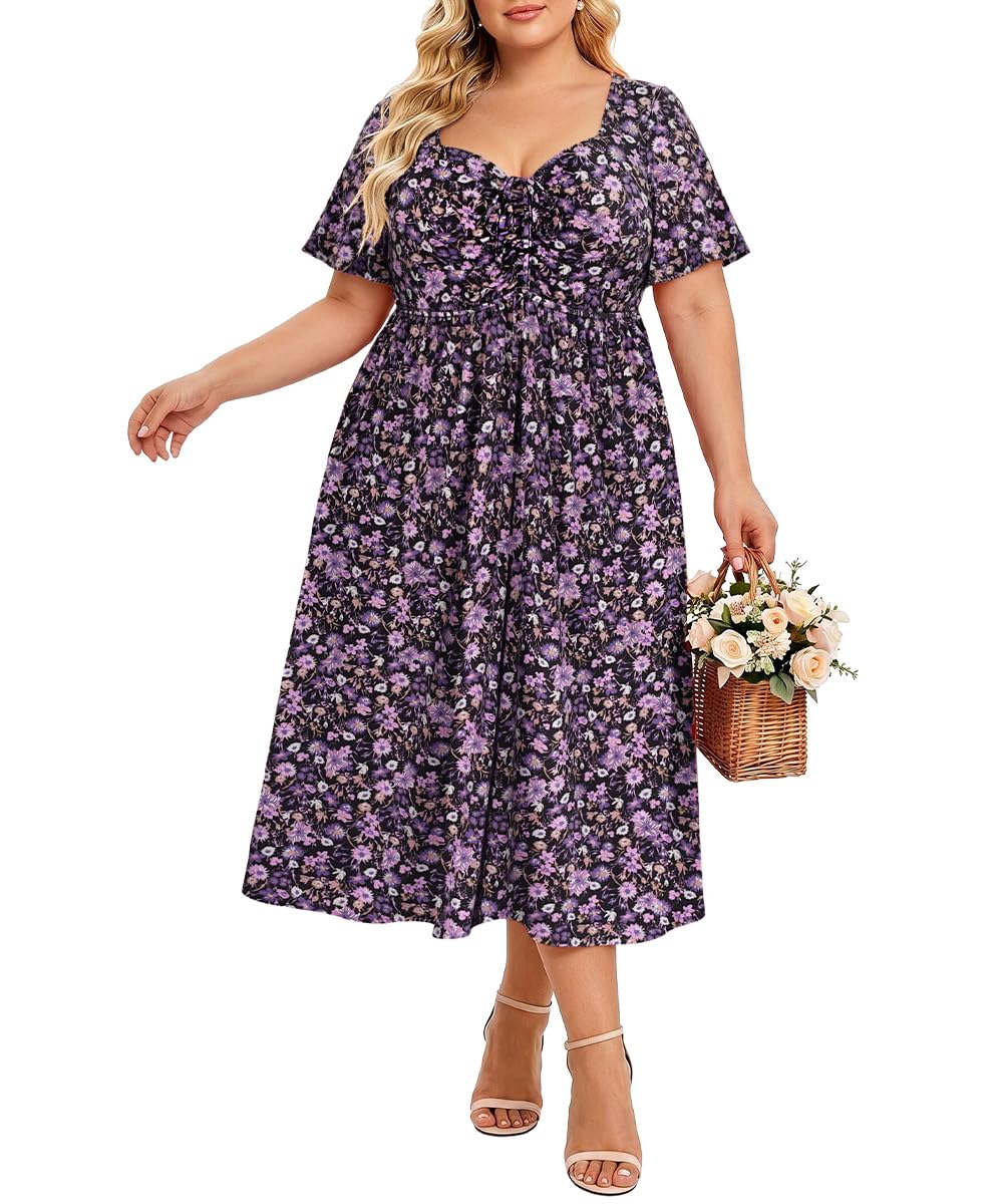 CARCOS Plus Size Dresses for Curvy Women Tie Sweetheart Neck Summer Maxi Dress Short Sleeve Empire Waist Floral Boho Dress