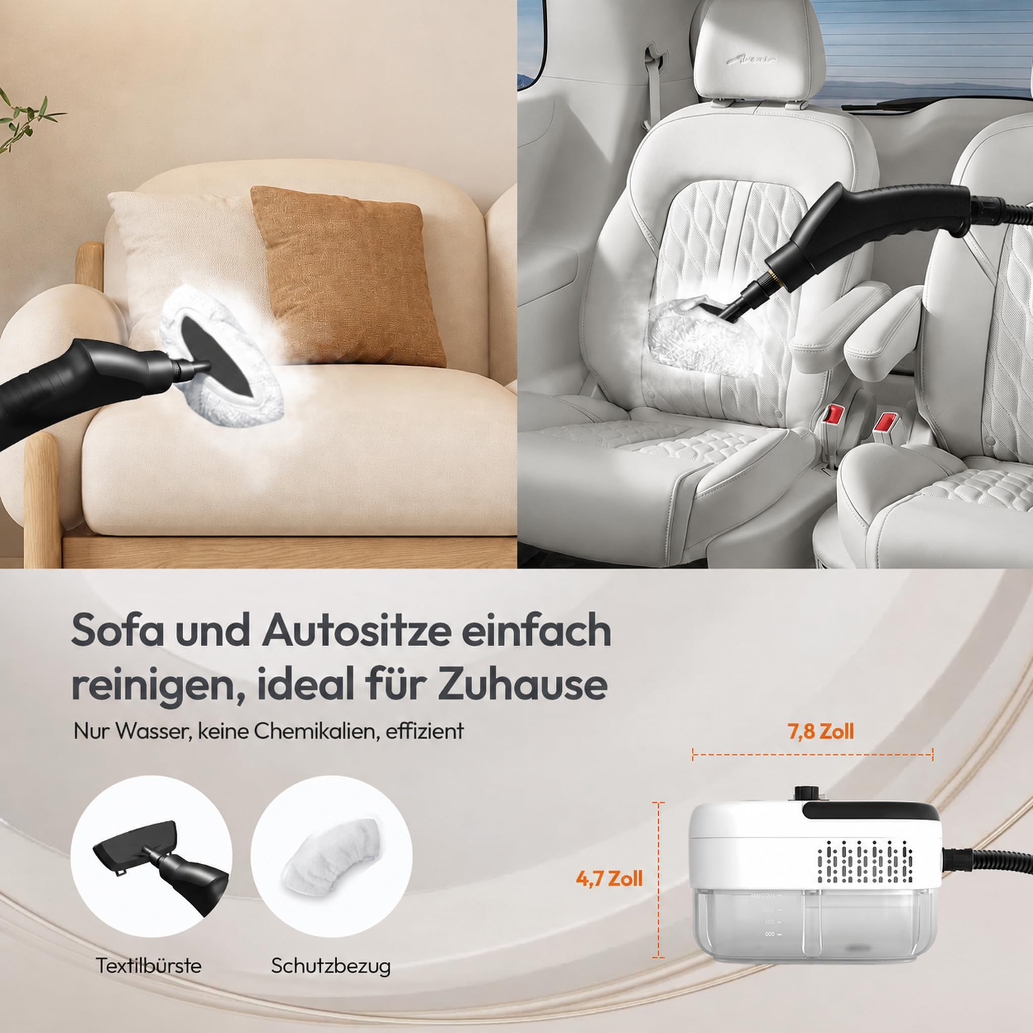 Dampfreiniger Handgerät, Dampfreiniger, 1,2L Wassertank, Tragbarer Steam Cleaner, Multifunktions Dampfreiniger für Alles, Schnellheiz-Dampfreiniger für Auto, Küche, Badezimmer, Fliesen, Fenstern-Weiß