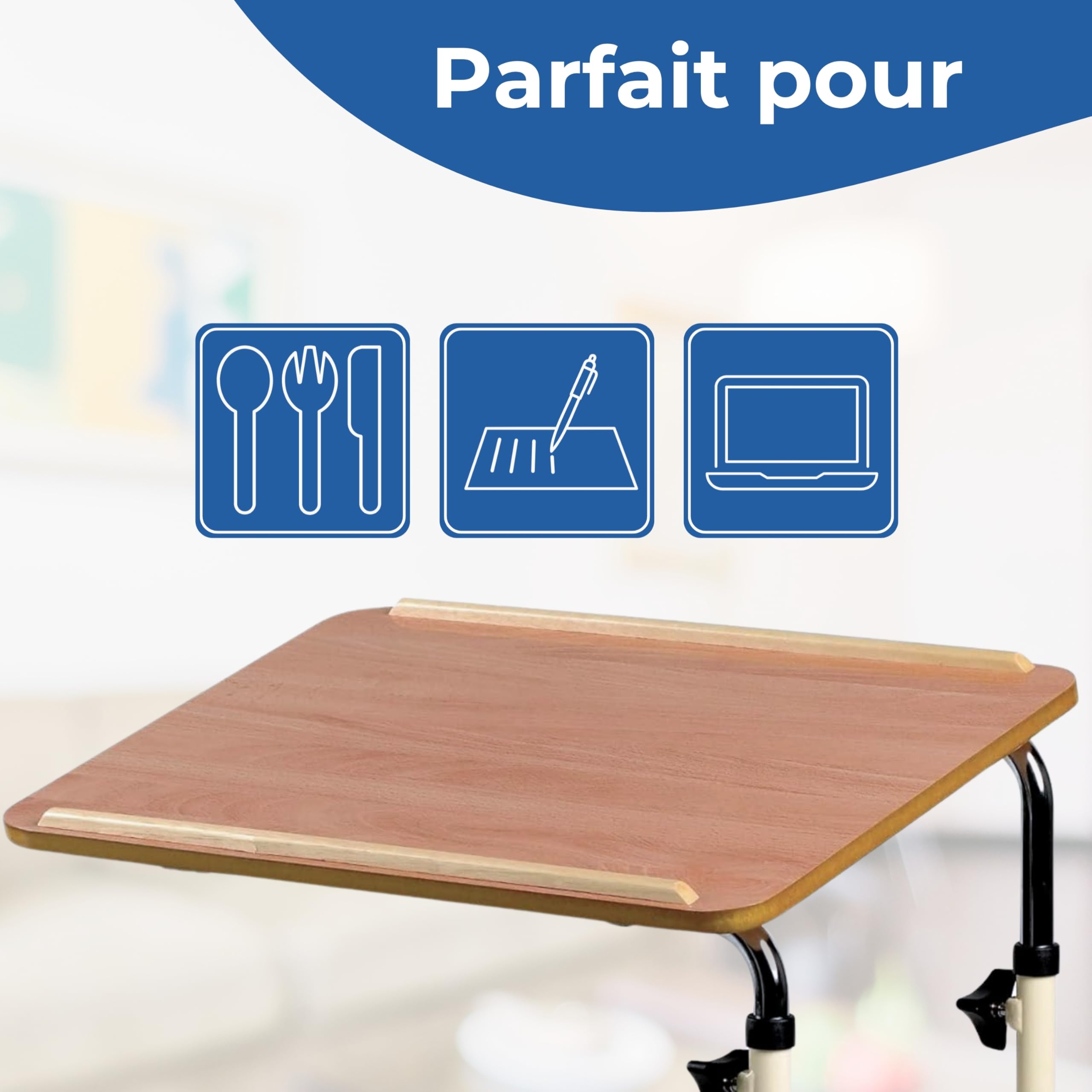 Days Overbed Table with Castors, Laptop Desk with Wheels, Bedside Table, Study Desk, Fully Adjustable Height and Angle, Laminated Top, Flat Packed