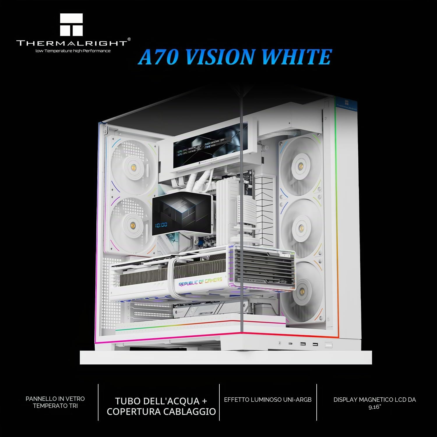Thermalright A70 Vision Bianco- Case PC con display da 9,16 pollici | vetro di sicurezza panoramico, torre ATX, supporta scheda madre ATX/schede grafiche da 42cm