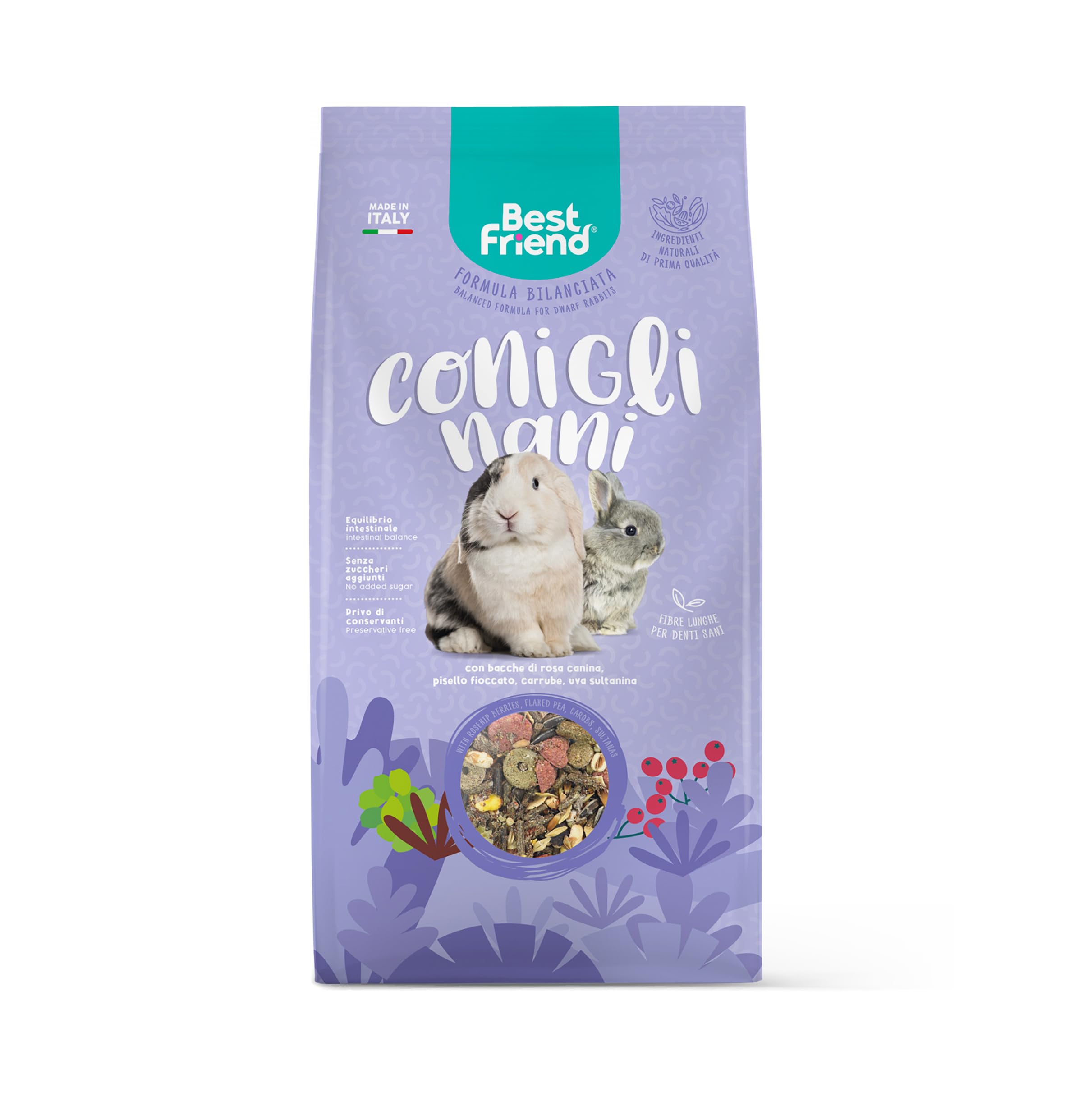 Best Friend Aliment Complet pour Lapins Nains avec Baies de Rose musquée, Pois floqué, caroube, Raisin sultanine. Aliments pour rongeurs avec ingrédients naturels, fabriqués en Italie | Lot de 6