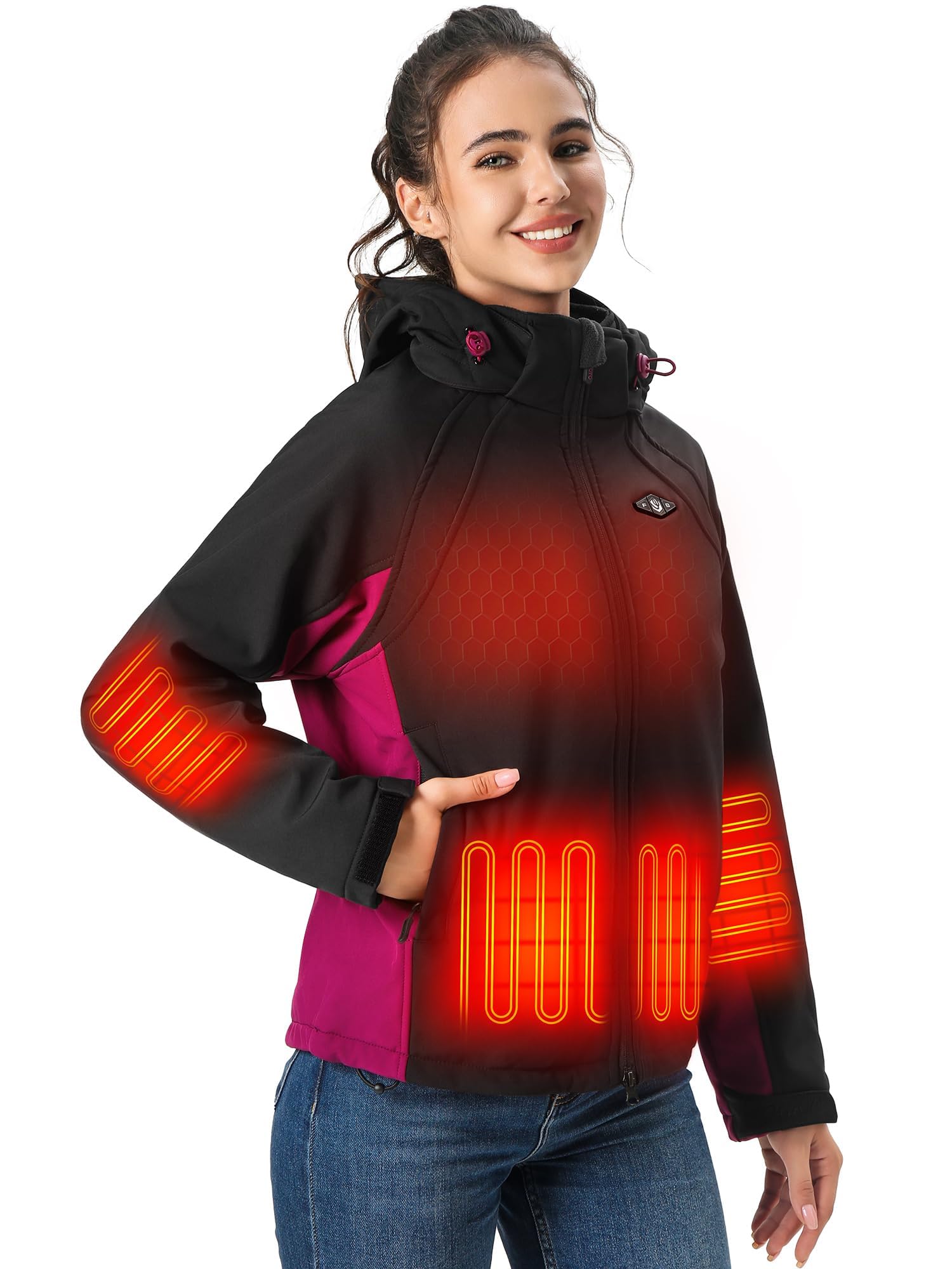 WASOTO Heated Jackets for Women 18400 mAh Battery Pack Water-Resistant Slim Fit with Detachable Hood Softshell Jackets