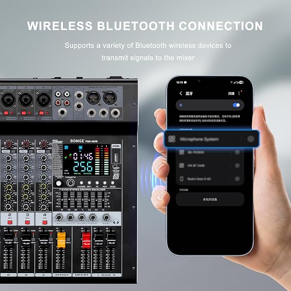 BOMGE 4-Channel Audio Interface Mixer with 256 DSP, Bluetooth 48V Phantom Power, 2x350W Amplifier (4 Ohm) for Studio Recording, DJ Mixing, Karaoke, Concert Party & Streaming