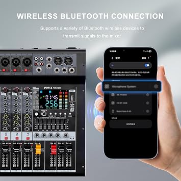 BOMGE 4-Channel Audio Interface Mixer with 256 DSP, Bluetooth 48V Phantom Power, 2x350W Amplifier (4 Ohm) for Studio Recording, DJ Mixing, Karaoke, Concert Party & Streaming