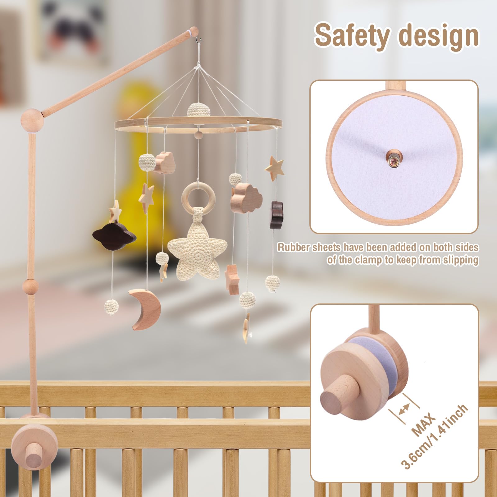 Cot Mobile Arm Wooden Mobile Crib Holder 360° Rotating Height Adjustable Baby Mobiles Hanger DIY Baby Mobiles Stand Bracket Holder for Hanging Bed Bell Wind Chimes Nursery Decor - Image 2