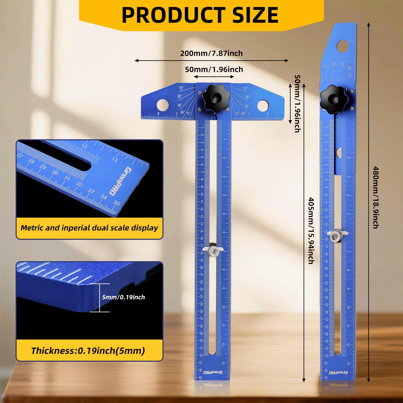 GRENPRO Speed Combination T-Square Woodworking Carpenter Angle Finder Ruler — Amazon image 2