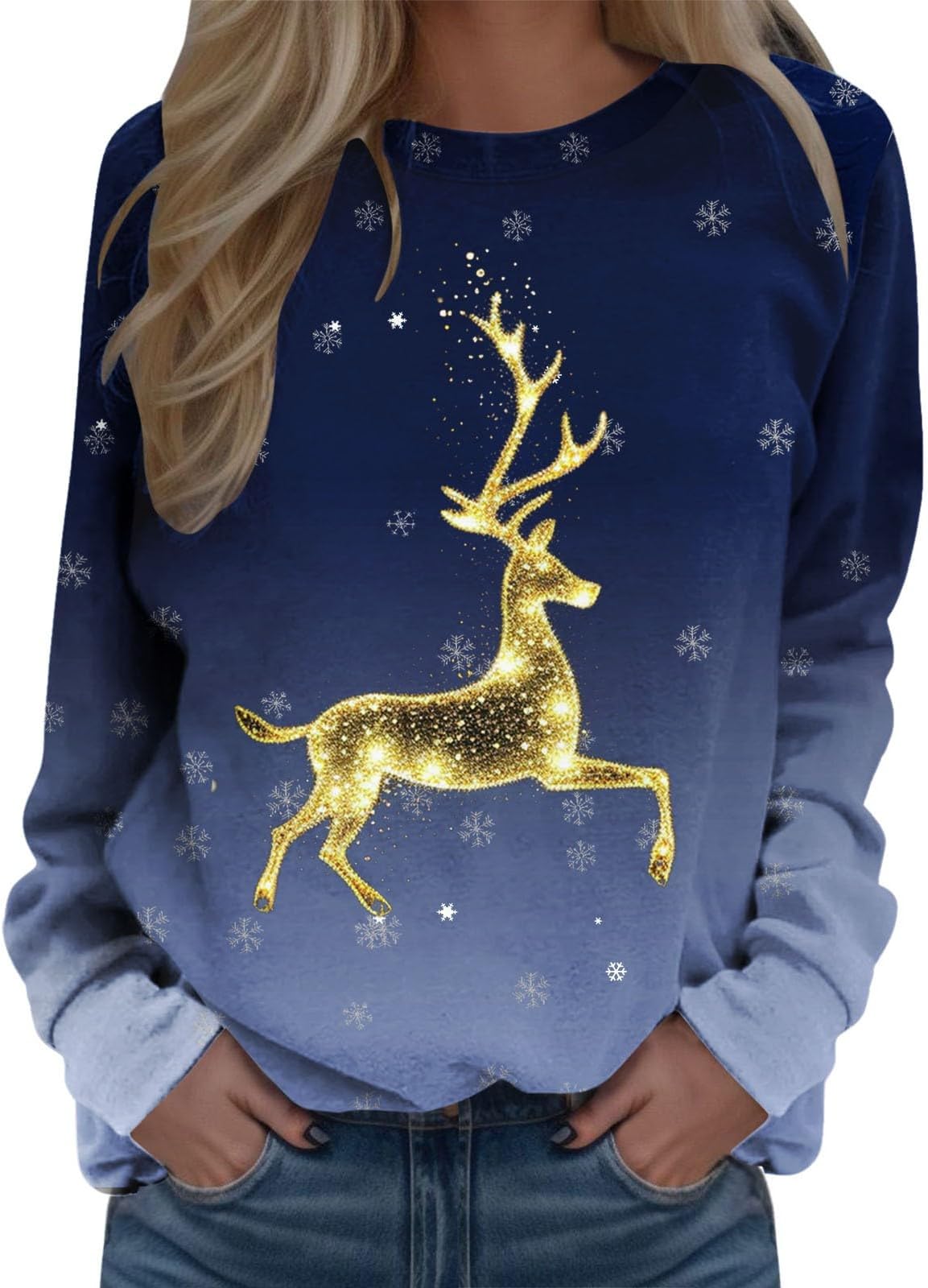 Sweatshirt For Womens Merry Christmas Print O Neck Round Neck Fit Pullover Tops Comfortable Long Sleeve Workout Shirts Loose Blouse Properly Tied Pullover Christmas Sweatshirts for (Dark Blue, M)