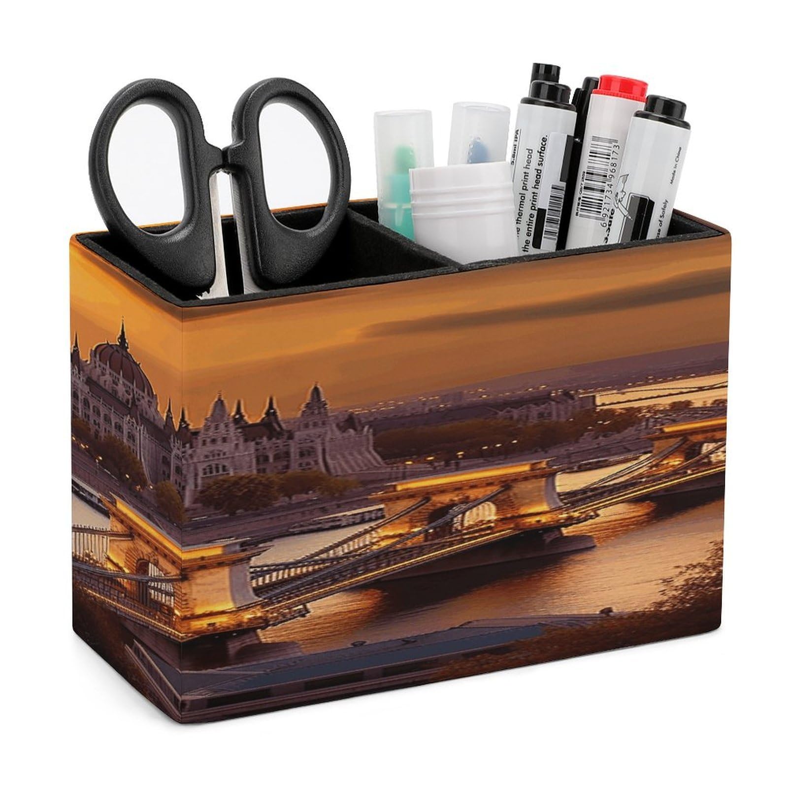 VstaDank Sunset in Budapest Pen Holder Double Compartments Pen Cup Fashion Makeup Brush Holders Leather Pencil Holder for Work Locker Accessories Modern Pencil Cup for Desk Organizer