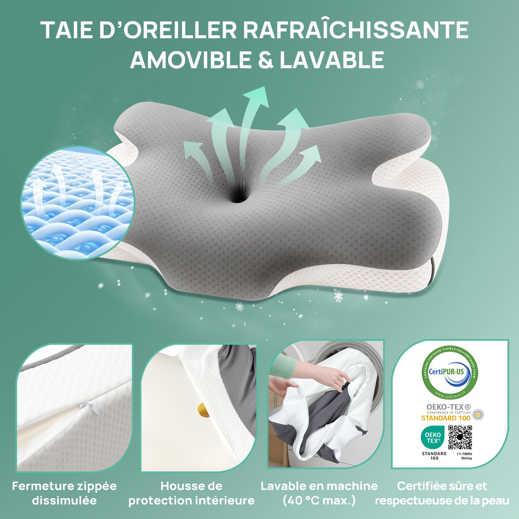 MULISOFT Oreillers Ergonomiques Cervical pour la Nuque, Oreiller Papillon à Mémoire de Forme, Coussin Cervical Adapté pour Dormir sur Le Côté, sur Le Dos et sur Le Ventre, 67×36×10/12 cm, P-105 Gris