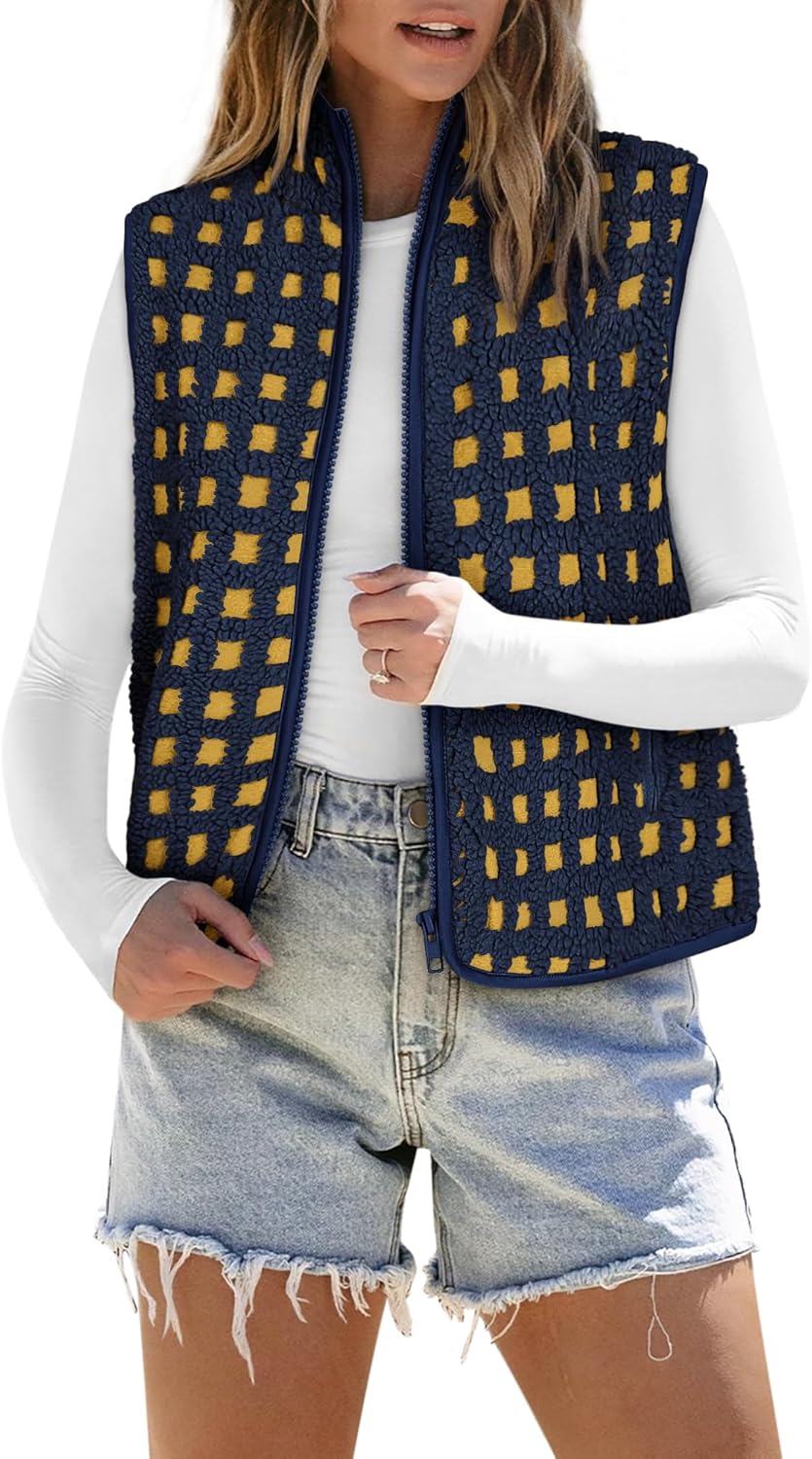 Women’s Sherpa Vest Sleeveless Plaid Zip Up High Neck Warm Fleece Gilet Outerwear Crop Jackets with Pockets - Image 6