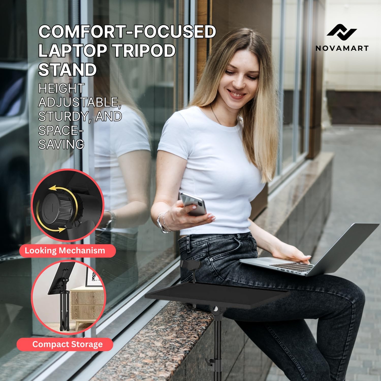 Laptop Tripod Stand – Adjustable Laptop Holder with Phone Mount | Heavy- Duty Alloy Tripod Stand with Tray | Height Adjustable 0.65–1.6m | Portable, Foldable, 15kg Load Capacity | Black