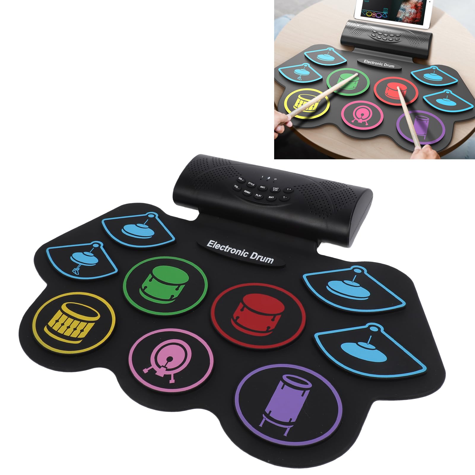 Batería Eléctrica, Portátil Roll Up 9 Pads 2 Pedales BT MIDI Drum Pad, Batería Electrónica con Altavoces Estéreo Incorporados Conector Para Auriculares Recargable Para Principiantes Niños