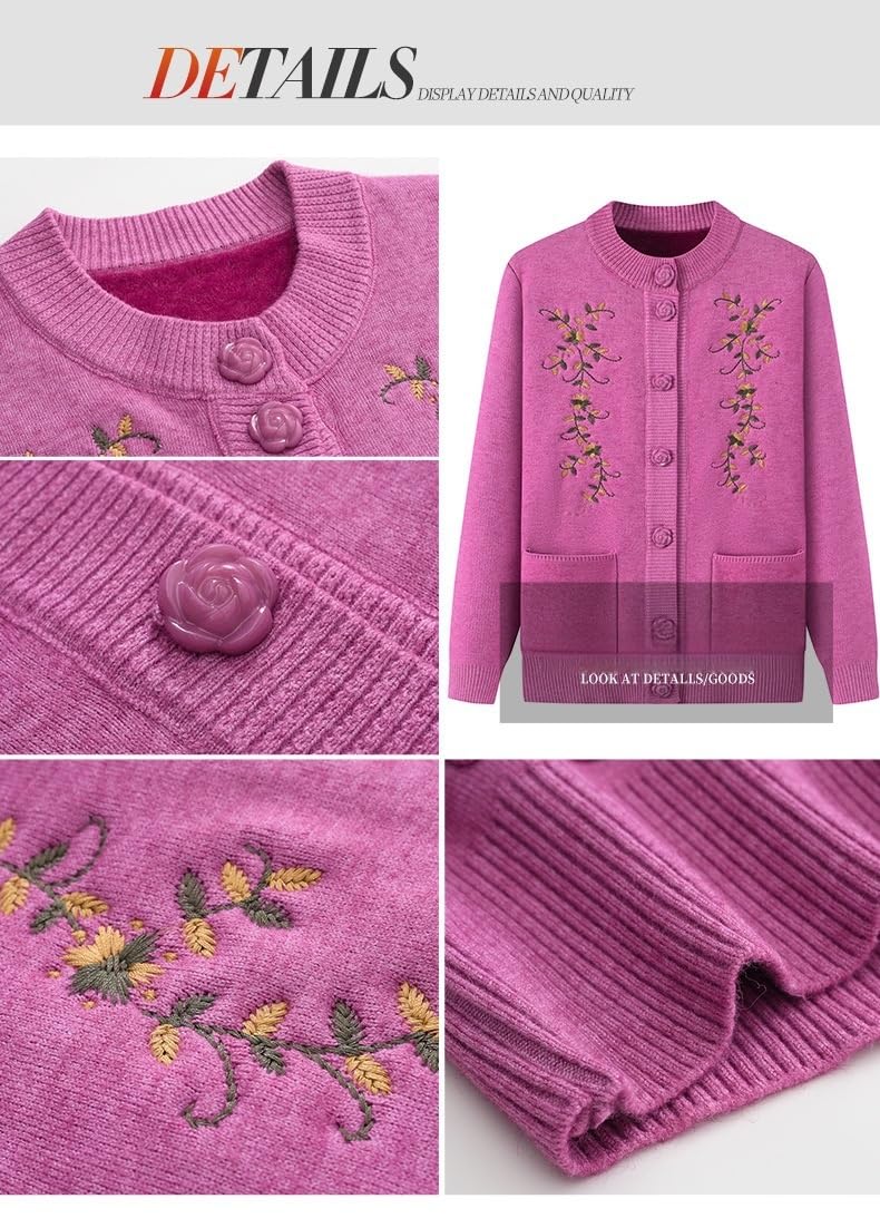 Chaqueta De Punto Mujer,Suéteres De Punto para Mujeres De Mediana Edad Y Mayores Cárdigan Fino con Bordado Floral para Señora Mayor Chaqueta De Cuello Redondo con Botones De Manga Larga Jersey Co