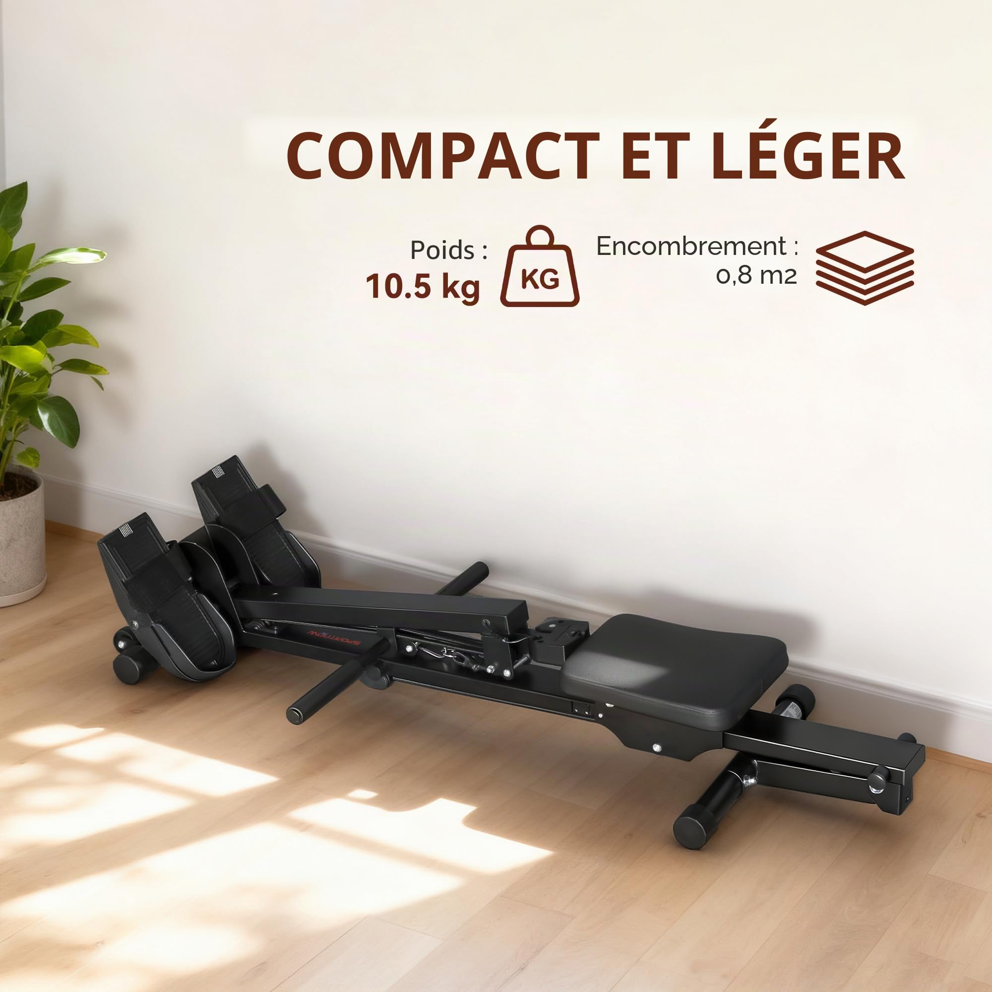SPORTNOW Rameur pour la maison, rameur compact silencieux avec résistance élastique, écran LCD, siège rembourré, pour entraînement complet du corps, capacité 150 kg, gain de place