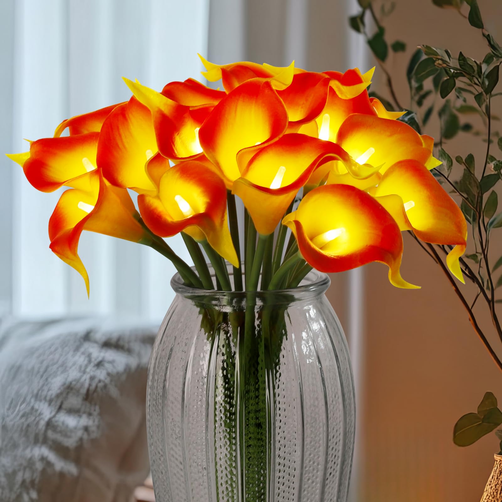 HOMESEASONS LED Lighted Artificial Flowers Calla Lily Lamp 20 Stems Real Touch Calla Faux Flower Lights for Valentine's Day Gift and Easter Home