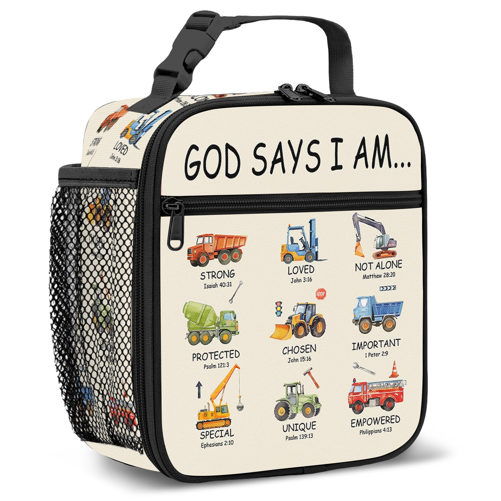 NEIUJADK Inspirational Quote Insulated Lunch Bag for Kids, Construction Vehicle Print Reusable Lunch Box, Portable Handheld Lunch Tote for School โ image 1