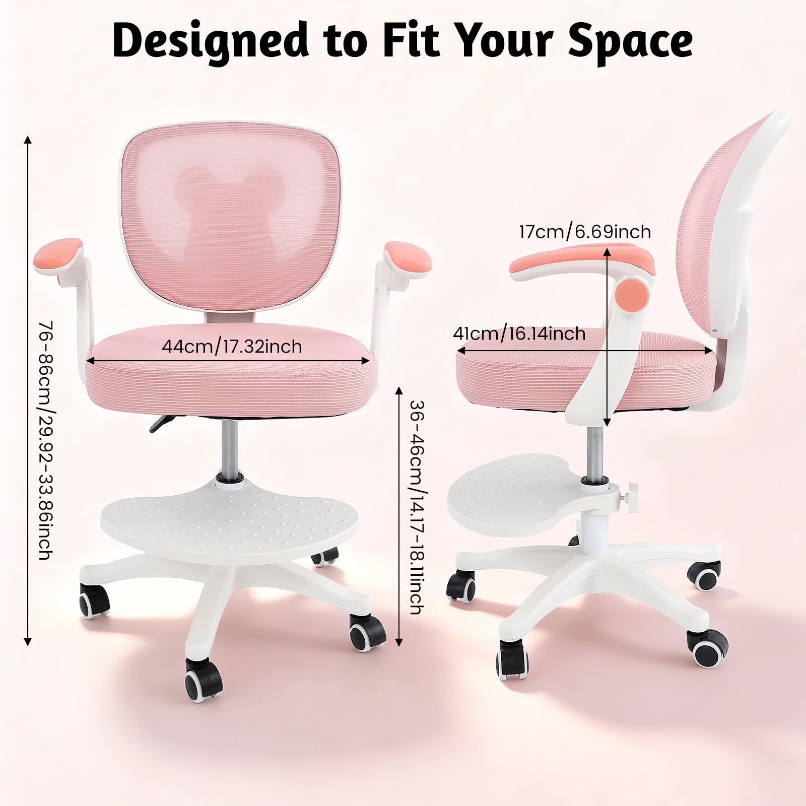 Sedia da scrivania per bambini, ergonomica, con seduta regolabile in altezza (36-46 cm), girevole a rete, per ragazzi e ragazze, adatta per camera da letto, compiti, lettura