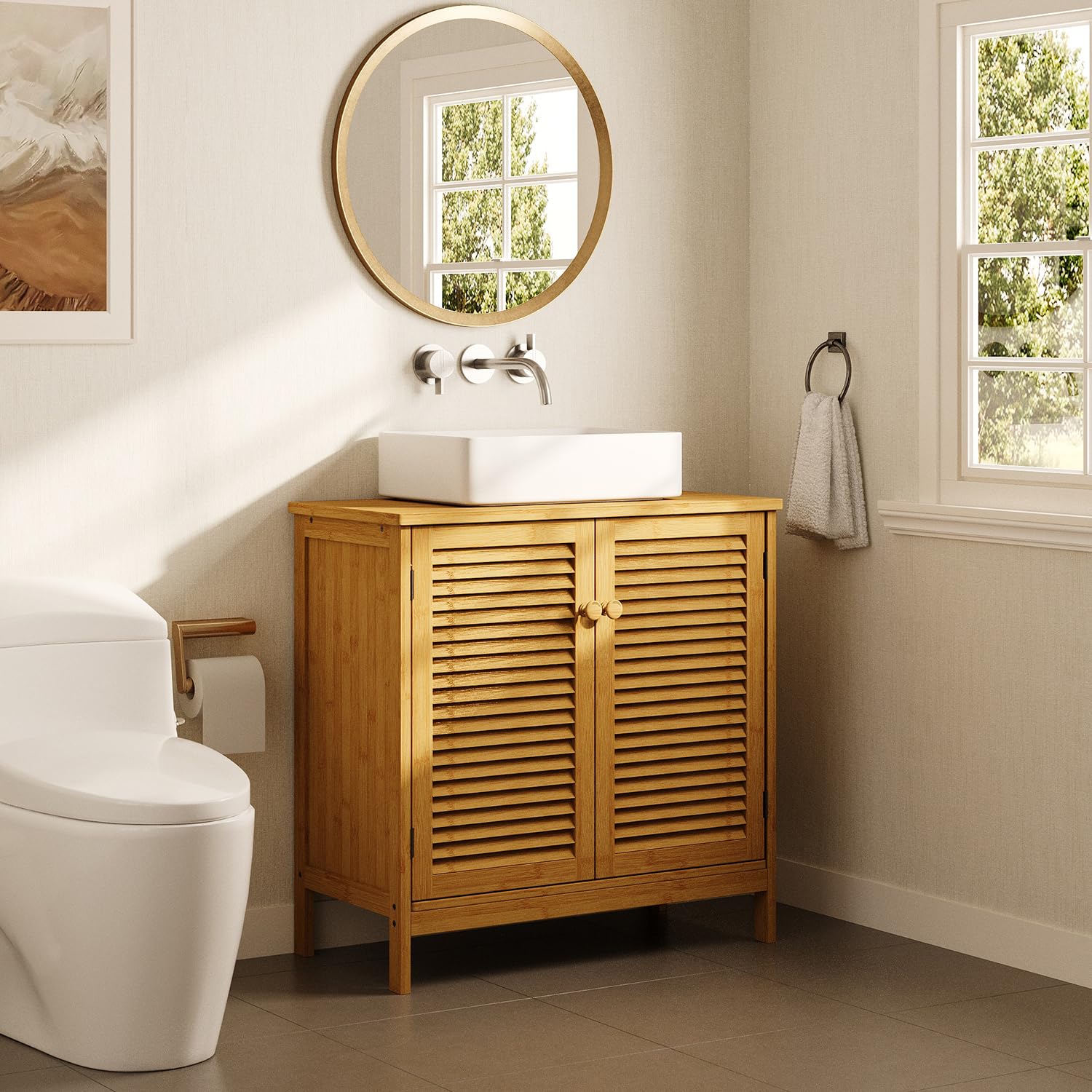 Xbro Mobile sottolavabo con 2 ante lamellari, ripiano regolabile, mobili da bagno per bagno, 60 x 30 x 60 cm,Colore legno di bambù