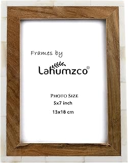 5x7 Teak Wood and White Bone Inlay Photo Frame – Handmade Rustic Picture Frame for Tabletop & Wall Decor – Real Glass Front, Decorative Boho Frame for Home, Office, Gifts