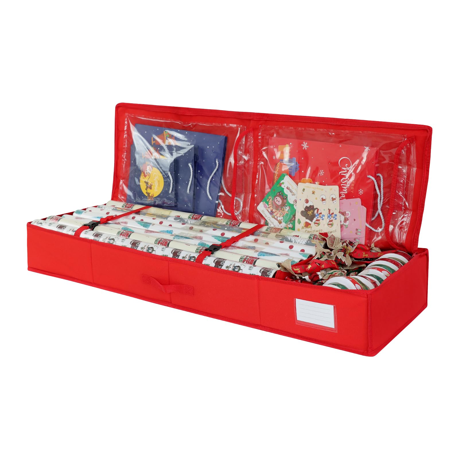 Demao Christmas Wrapping Paper Storage Container, 40 Inch Gift Wrap Storage Organizer with Pockets&Cardboard, Resistant Under Bed Wrap Storage Box for Holiday Ornaments Accessories