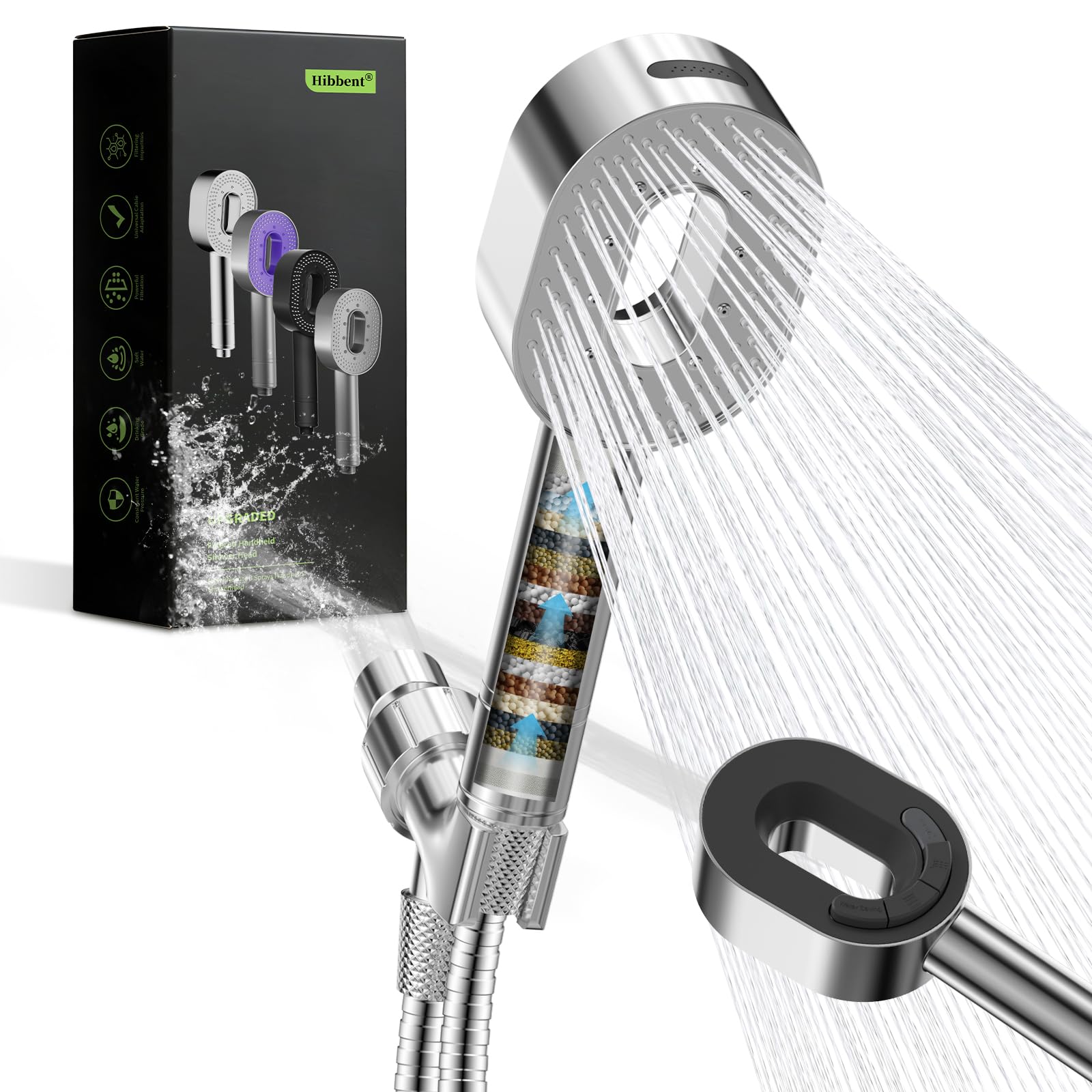 Hibbent Filtered Showerhead with handheld, High Pressure 5 Sprays Handheld Shower Head with Brass Holder& 71" Metal Hose, Water Softener for Hard Water-Remove Chlorine, Reduces Dry Itchy Skin, Chrome - 1