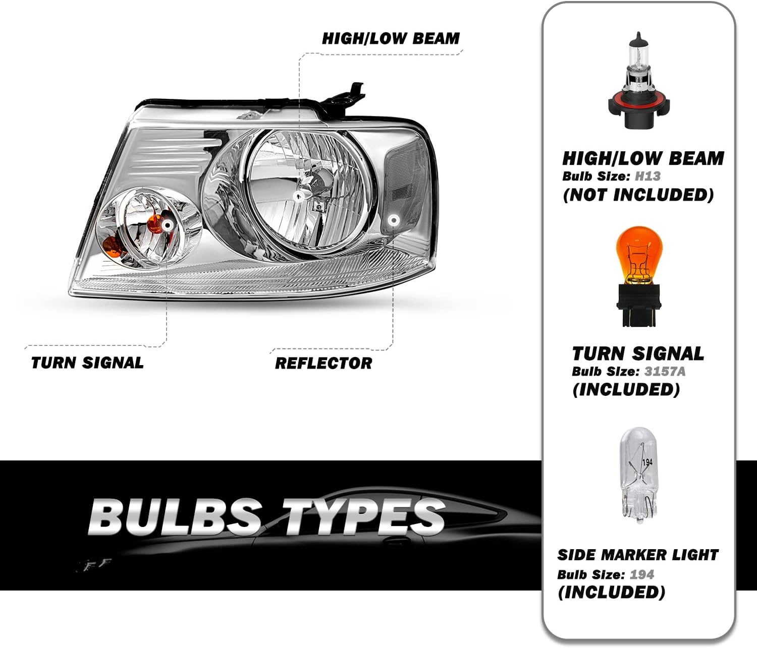 SOCKIR Headlight Assembly Replacement Compatible with 2004-2008 Ford F150 / 2006-2008 Lincoln Mark LT (Clear Housing with Clear Reflector)