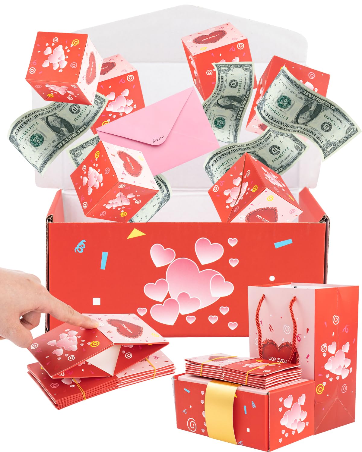 ASSRECT Exploding Gift Box Valentine's Day, Birthday Surprise Box Pop Up with 12 Money Holders, ReusableDate Gift Box for Mom Father Wife Friend Valentine's Day, Confession, Proposal, Cash, Gifts, Birthday, Party supplies (Pink)