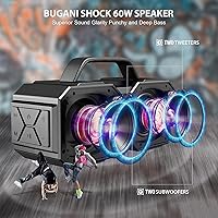 Vista 4 de BUGANI Altavoz Bluetooth Shock, Bluetooth 5.3 portátil, impermeable, 60W de gran potencia, altavoz para exteriores, (Nuevo modelo)