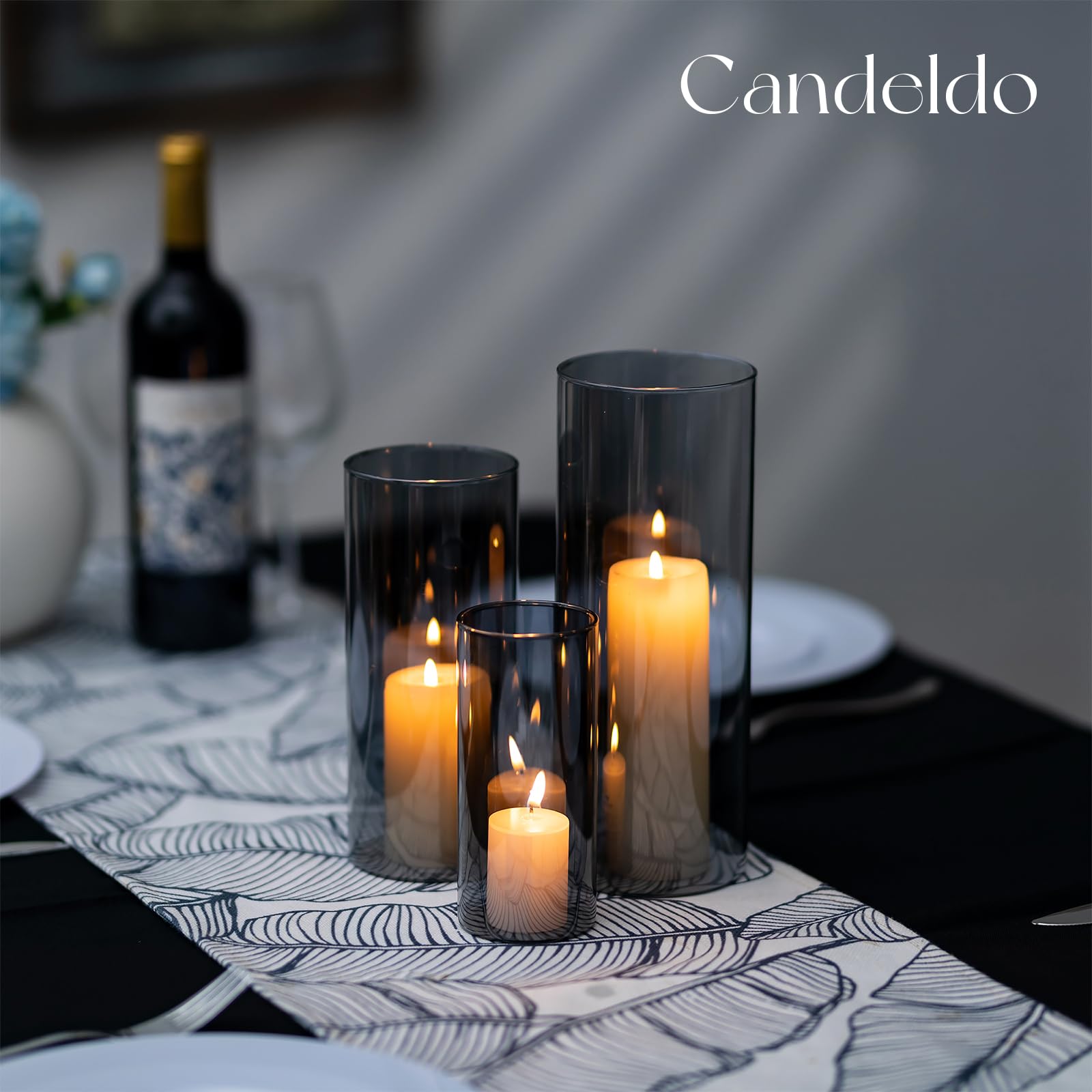Candeldo Portavelas de cristal cilíndrico: juego de 3 unidades, negro, portavelas grande, decoración de mesa, salón, jardín, jarrón moderno, portavelas para exteriores