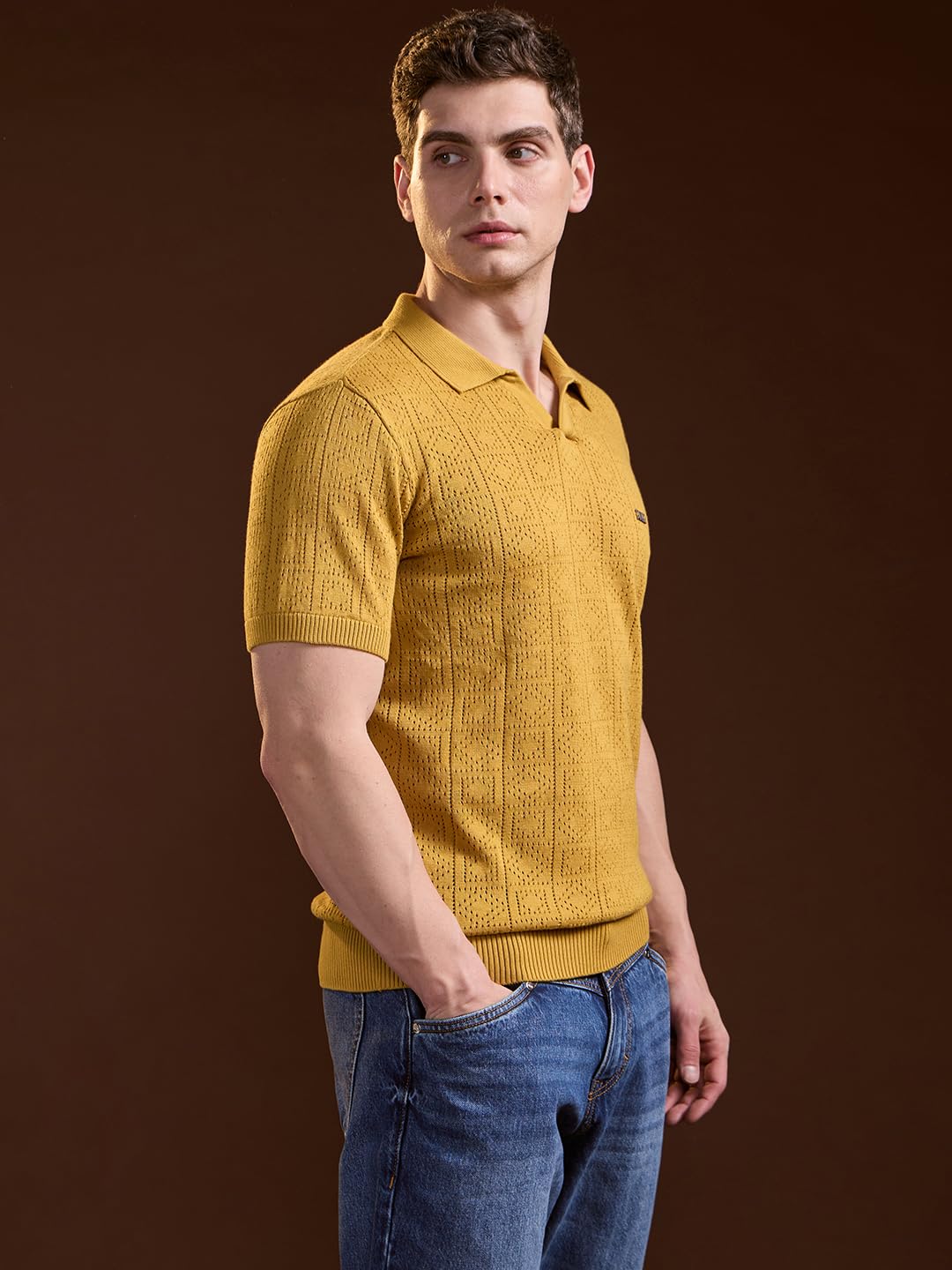 THE BEAR HOUSE Men's Mustard Pure Cotton Textured Knit Polo 2