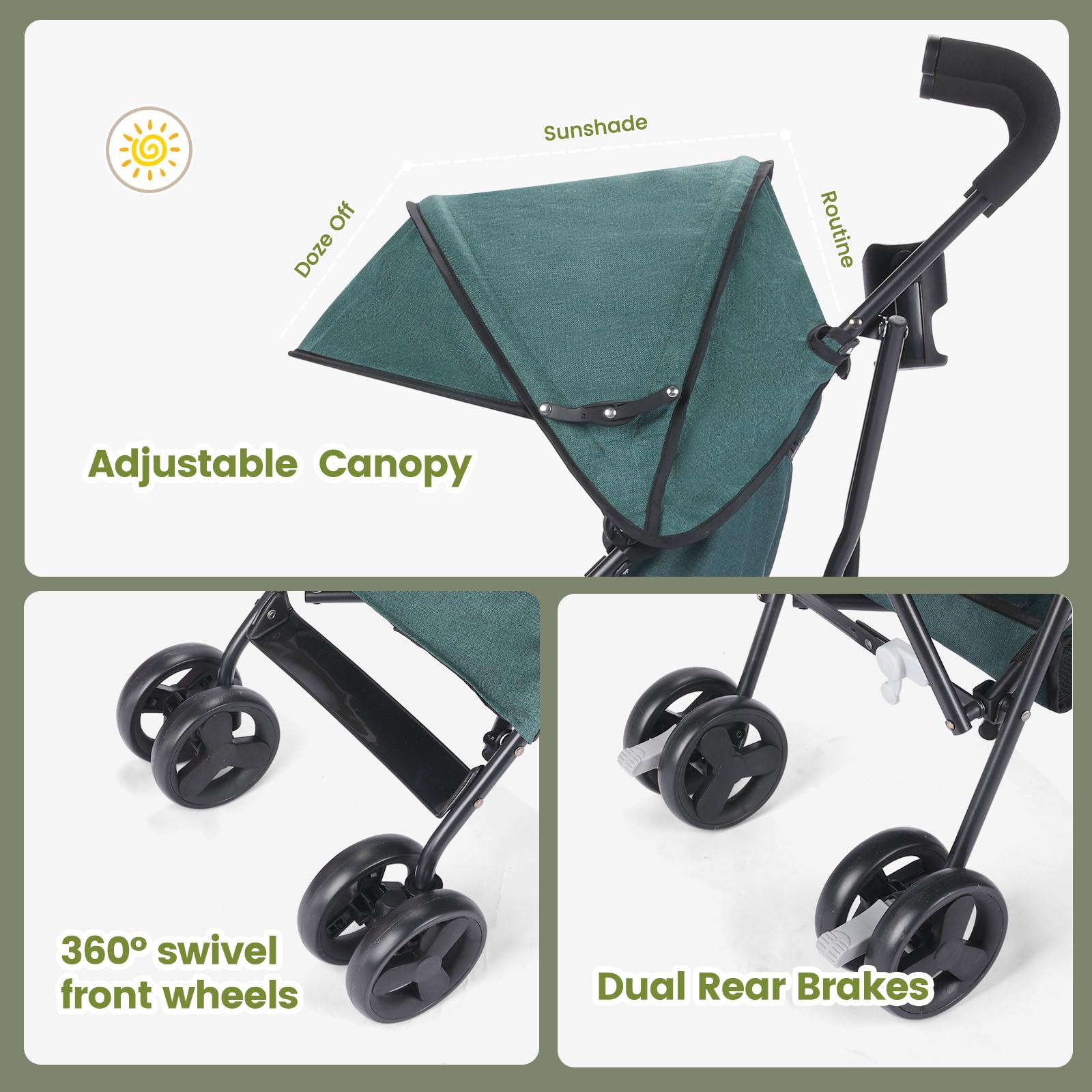 Faltbar Regenschirm Kinder-Buggy Kinderwagen, Leicht Regulierbarer 5-Punkt-Sicherheitsgurt, Zusammenklappen mit einer Hand, großes Verdeck, Robuster alle 4 Räder gedämpft, Einkaufskorb (Dunkelgrün)