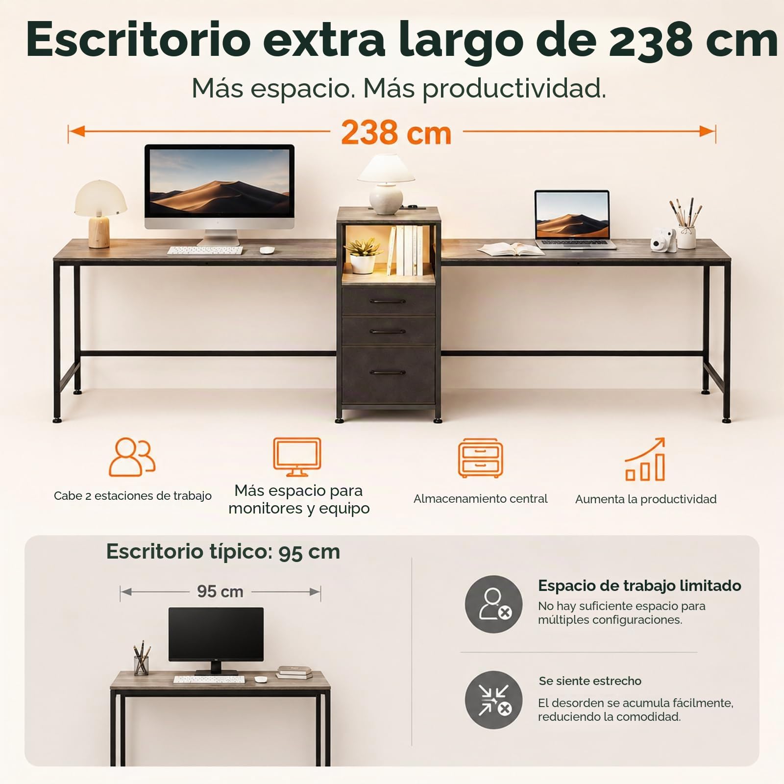 Yorbay Escritorio de oficina doble con enchufes: mesa de ordenador en forma de L con cajones de tela, estantería para impresora, mesa LED para juegos, escritorio de esquina para oficina, estudio, sala