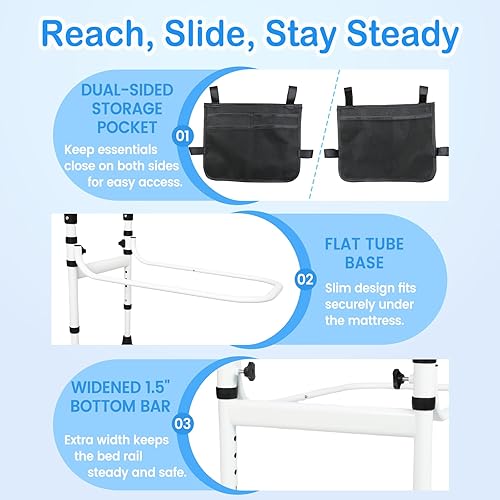 Miniatura 7 de Barandillas de cama para adultos mayores bastón de cama para personas mayores, pasamanos de cama con 2 asas ergonómicas, mesa de bandeja y bolsillo