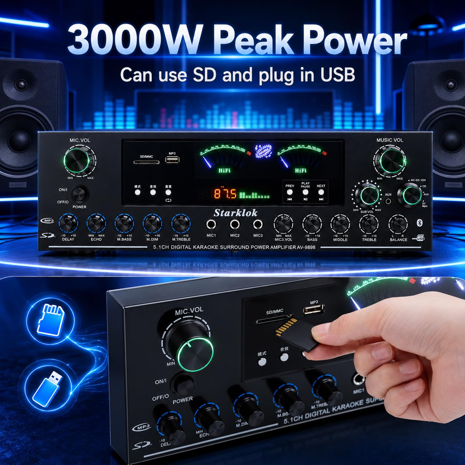 Amplificatore stereo HiFi da 3000 W, amplificatore stereo 5.1 canali, 3 ingressi microfono, Bluetooth 5.0, USB/FM/SD LED, controllo app, RCA, fibra ottica/ingresso coassiale per karaoke