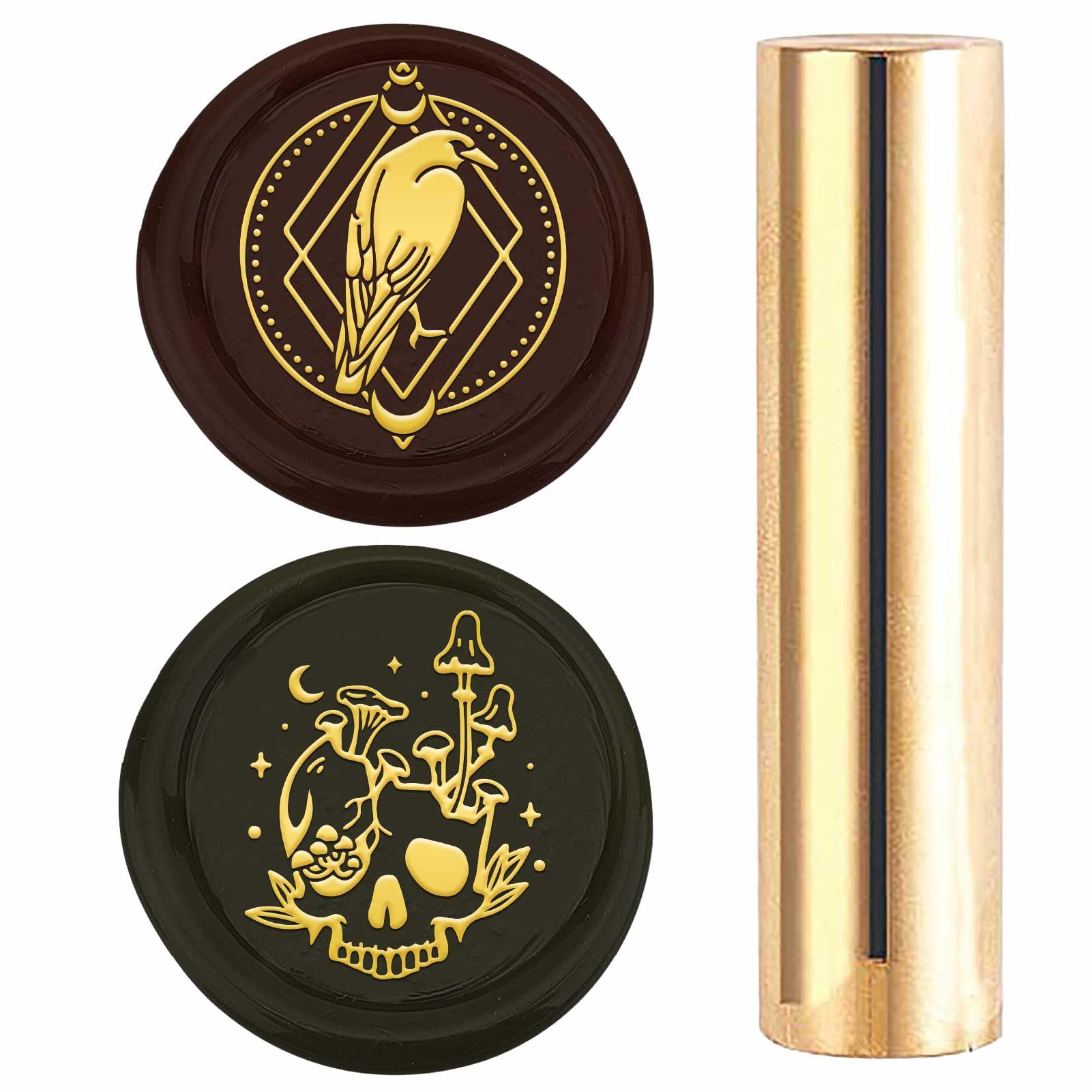 CRASPIRE Skull Wax Seal Stamp Brass Sealing Wax Gothic Raven Round 15mm Brass Double Head Gold Vintage Column Pattern Stamp for Envelopes Scrapbook Invitation Gifts Packaging DIY Decoration