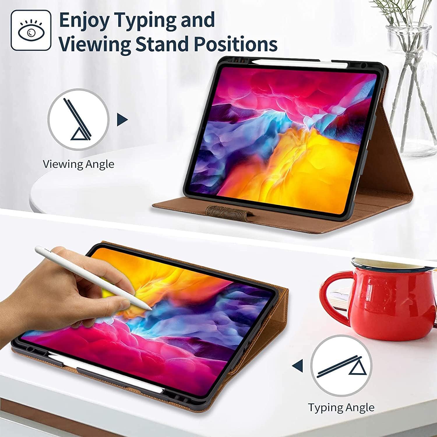 Gexmil Etui dla iPad Pro 12,9 Cala,6./5./4./3. Generacji(2022/2021/2020/2018) Cover,Real Leather z Pencil Uchwyt,z Klamrą,Automatyczne Usypianie/Czuwanie,Regulowany Stojak,Sand Dark Braun