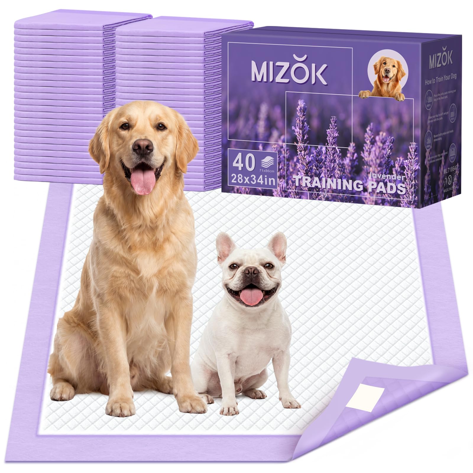 MIZOK Almohadillas para perros con aroma a lavanda de 28 x 34 pulgadas, 40 almohadillas grandes para orina para perros con almohadillas para eliminar olores para cachorros, gruesas, súper absorbentes,