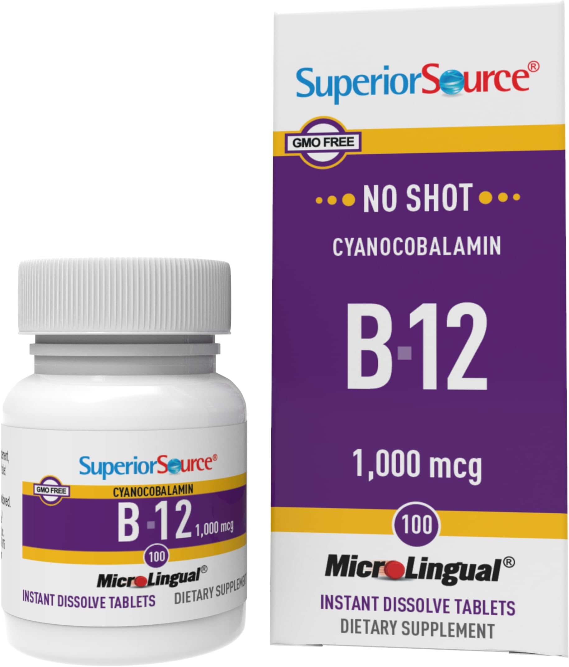- Superior Source No Shot Vitamin B-12 Cyanocobalamin 1000 mcg - Vitamin B-12 to Support Energy Production, Brain Health & Overall Wellness - Sublingual Tablets - 100 Dissolvable Tablets