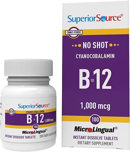 Superior Source No Shot Vitamina B12 cianocobalamina 1000 mcg, tabletas microlingües de disolución rápida de 100 unidades, suplemento B12 para