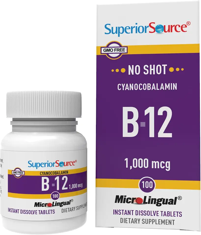 أقراص فيتامين B12 سيانوكوبالامين 1000 ميكروغرام من سوبيريور سورس، أقراص سريعة الذوبان تحت اللسان، مكمل غذائي B12 لزيادة التمثيل الغذائي وإنتاج الطاقة، ودعم الجهاز العصبي، غير معدلة وراثيا، 100 قرص