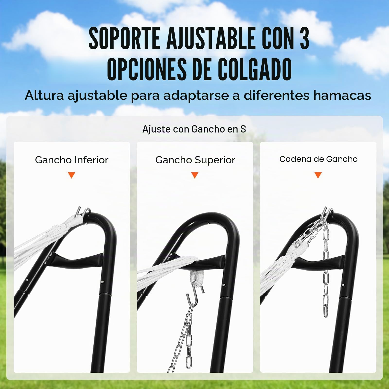 VEVOR Soporte para Hamaca Portátil Carga 250 kg Estructura de Acero Universal para Hamacas de 2,3-3,9 m Ajustable con Cadena, Gancho, Bolsa de Transporte, para Hamaca de 2 Personas Exterior Interior